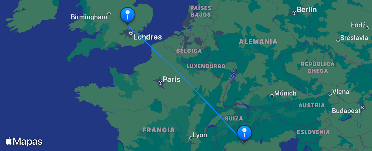 Mapa del vuelo de Londres a Milán