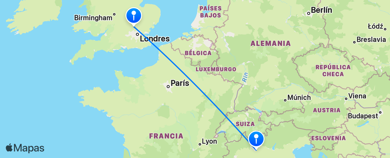 Mapa del vuelo de Londres a Milán