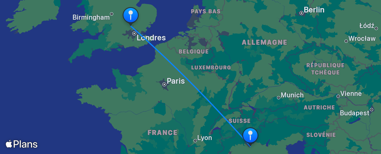 Carte du vol de Londres vers Milan