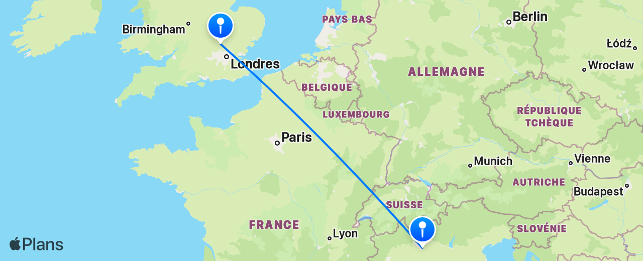 Carte du vol de Londres vers Milan