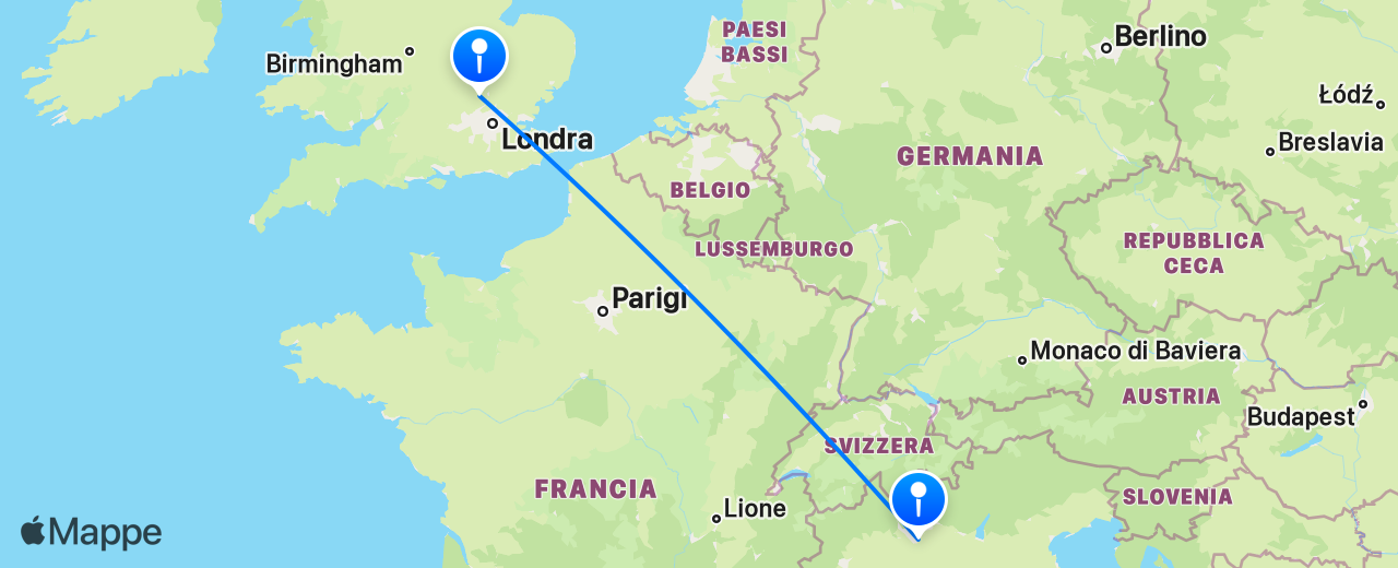 Mappa del volo da Londra a Milano