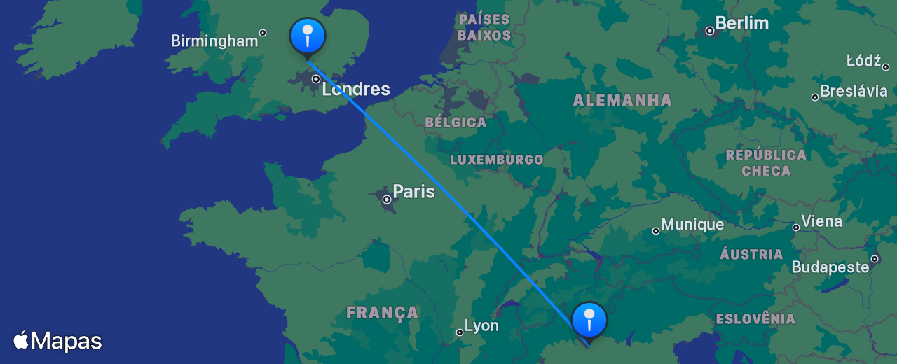 Mapa do voo de Londres para Milão