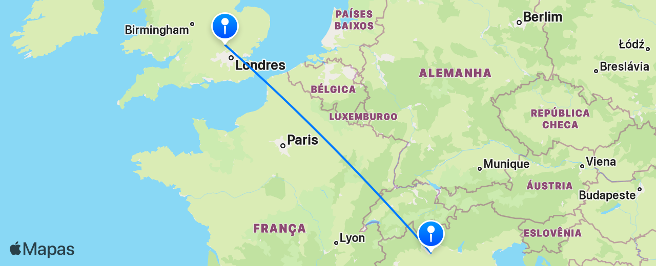 Mapa do voo de Londres para Milão