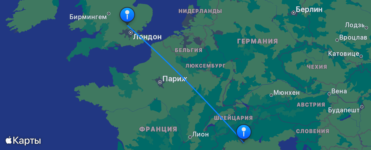 Карта перелёта Лондон — Милан