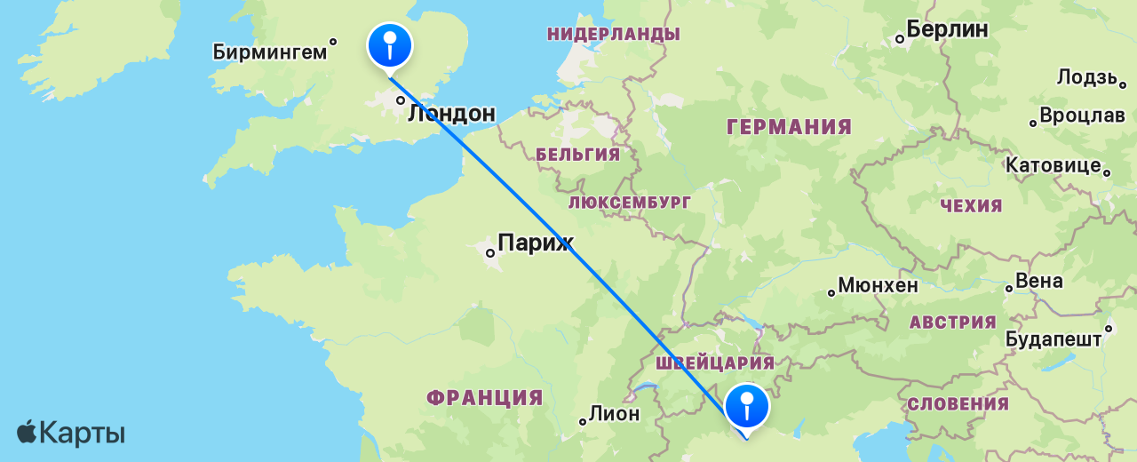 Карта перелёта Лондон — Милан