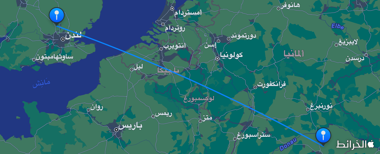 خريطة الرحلة من ميونخ إلى لندن