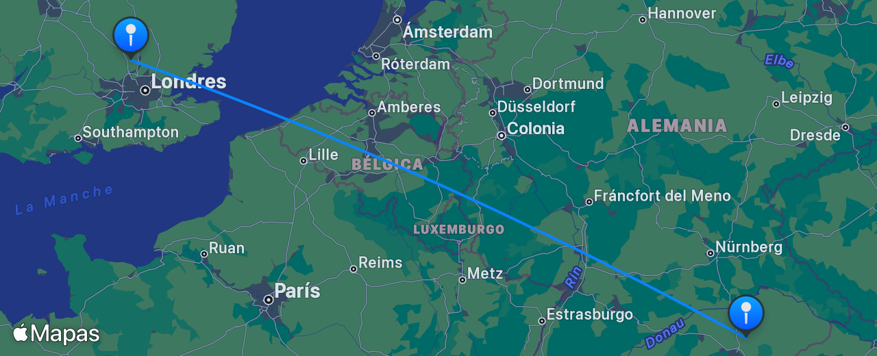 Mapa del vuelo de Londres a Múnich