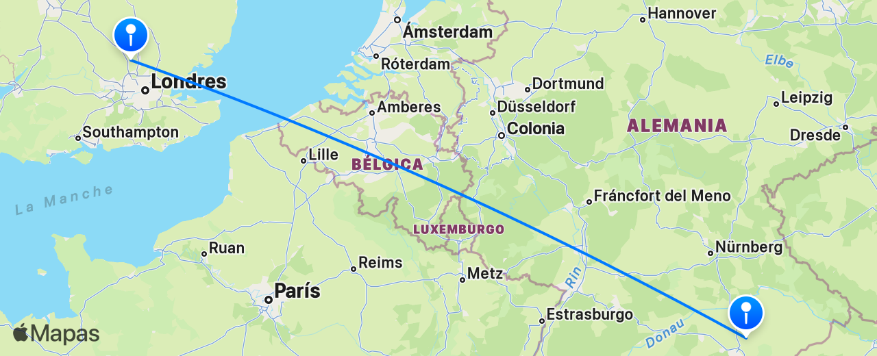 Mapa del vuelo de Londres a Múnich