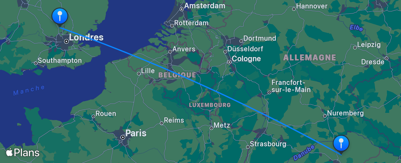 Carte du vol de Londres vers Munich