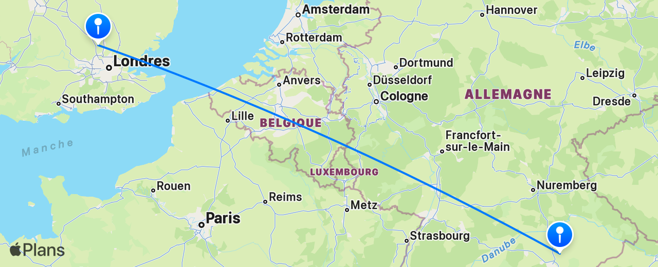 Carte du vol de Londres vers Munich