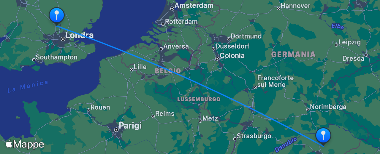 Mappa del volo da Londra a Monaco di Baviera