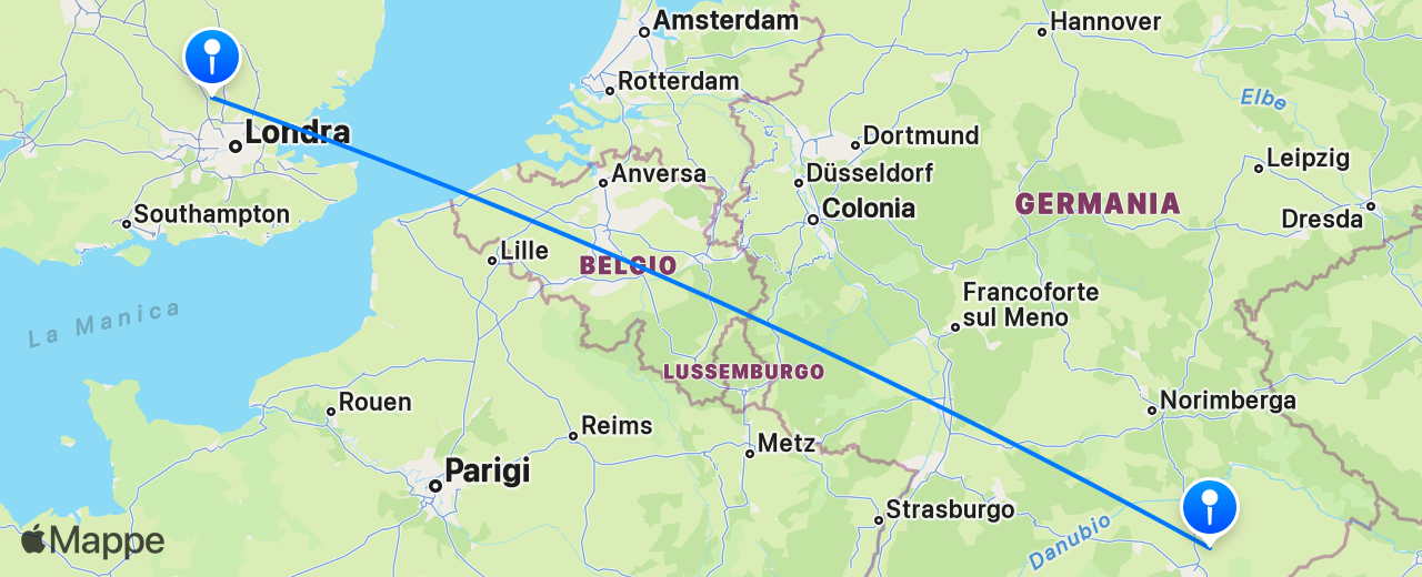 Mappa del volo da Londra a Monaco di Baviera