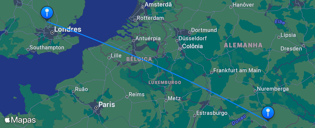 Mapa do voo de Londres para Munique