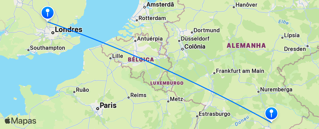 Mapa do voo de Londres para Munique