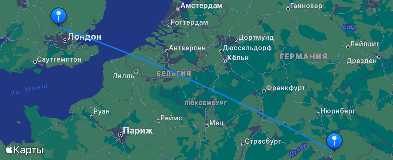 Карта перелёта Лондон — Мюнхен