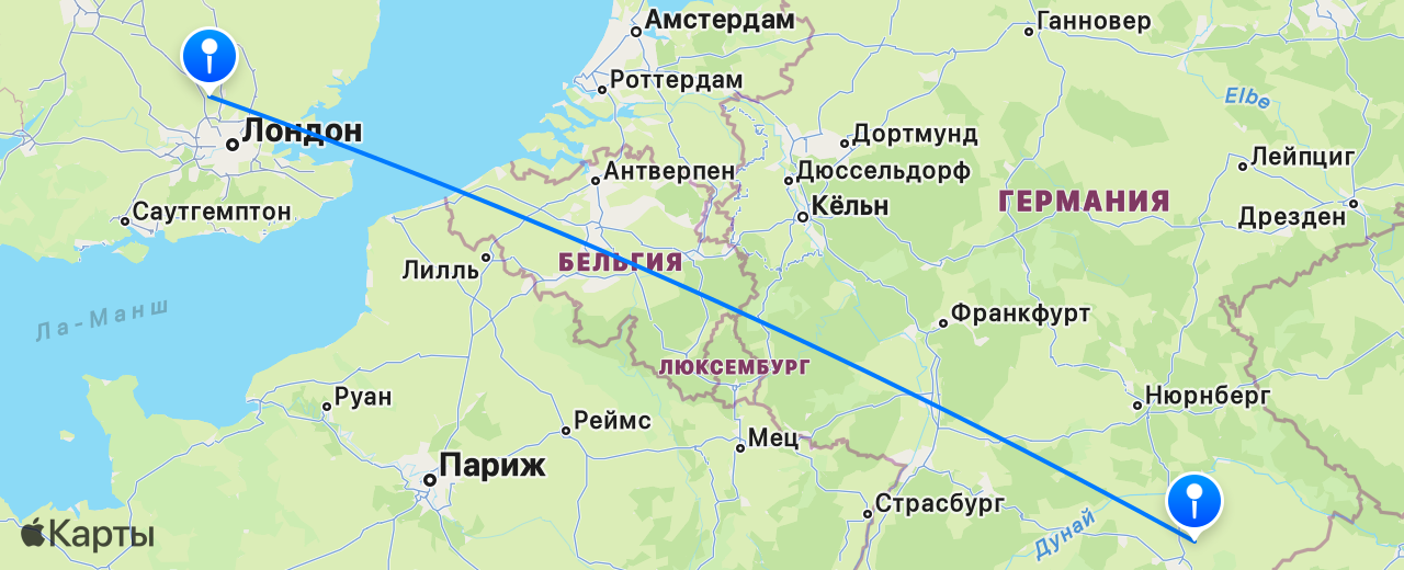 Карта перелёта Лондон — Мюнхен