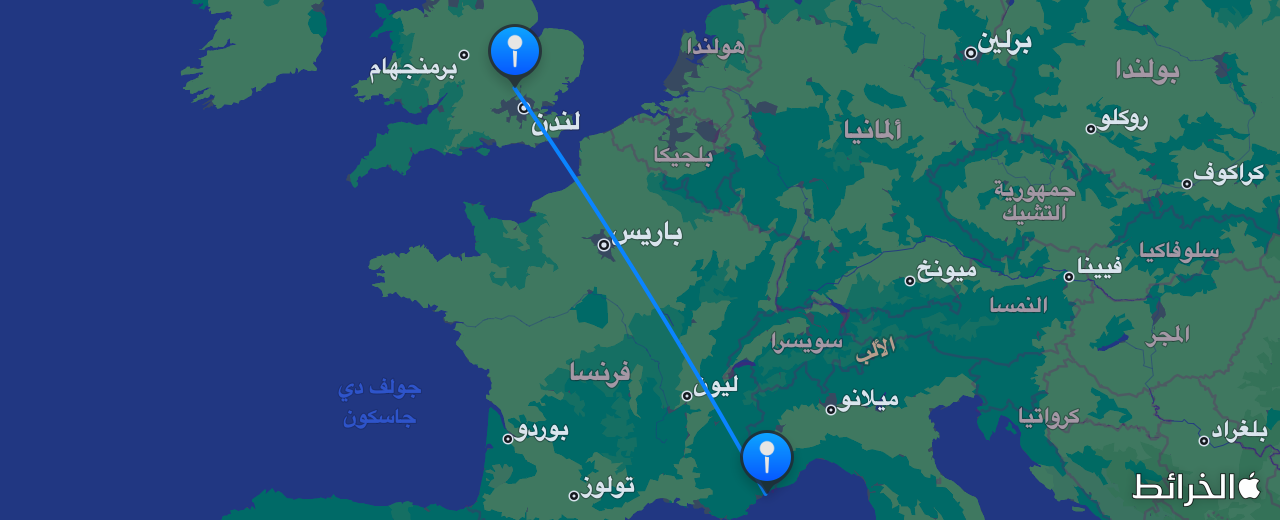 خريطة الرحلة من لندن إلى نيس