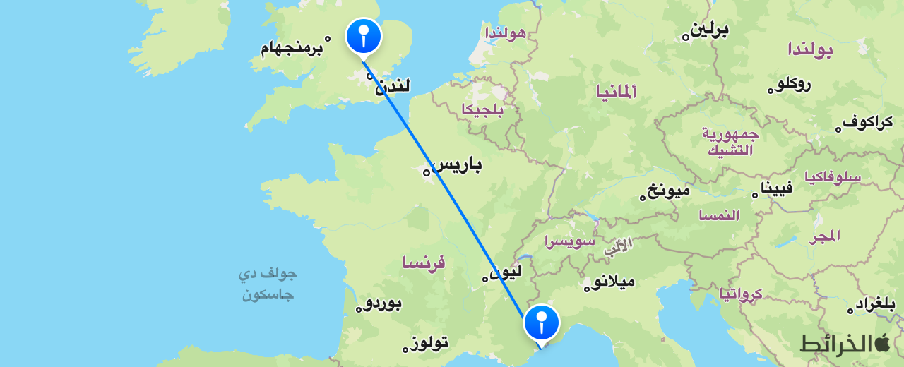 خريطة الرحلة من لندن إلى نيس