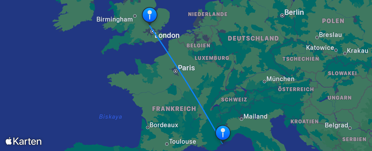 Karte des Flugs von London nach Nizza