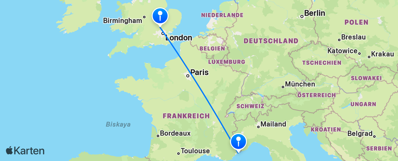 Karte des Flugs von London nach Nizza