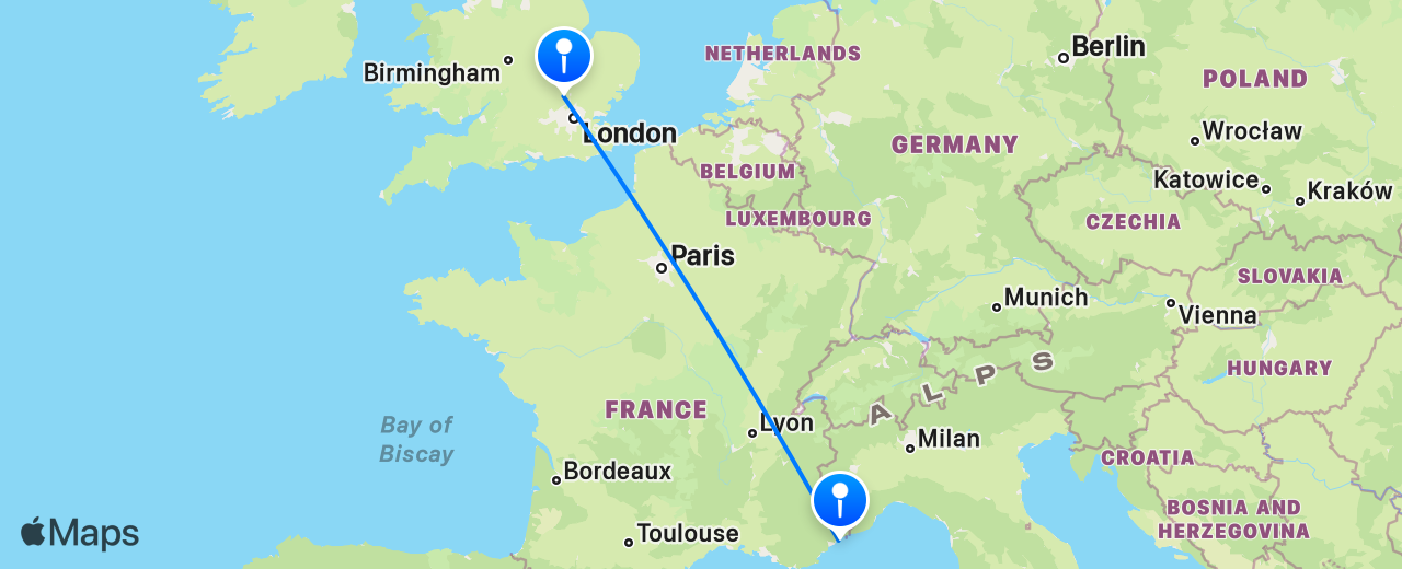 Map of the flight from London to Nice