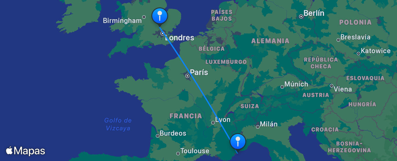 Mapa del vuelo de Londres a Niza