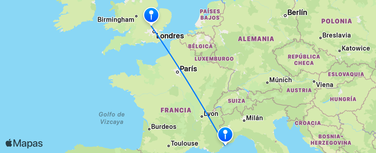 Mapa del vuelo de Londres a Niza