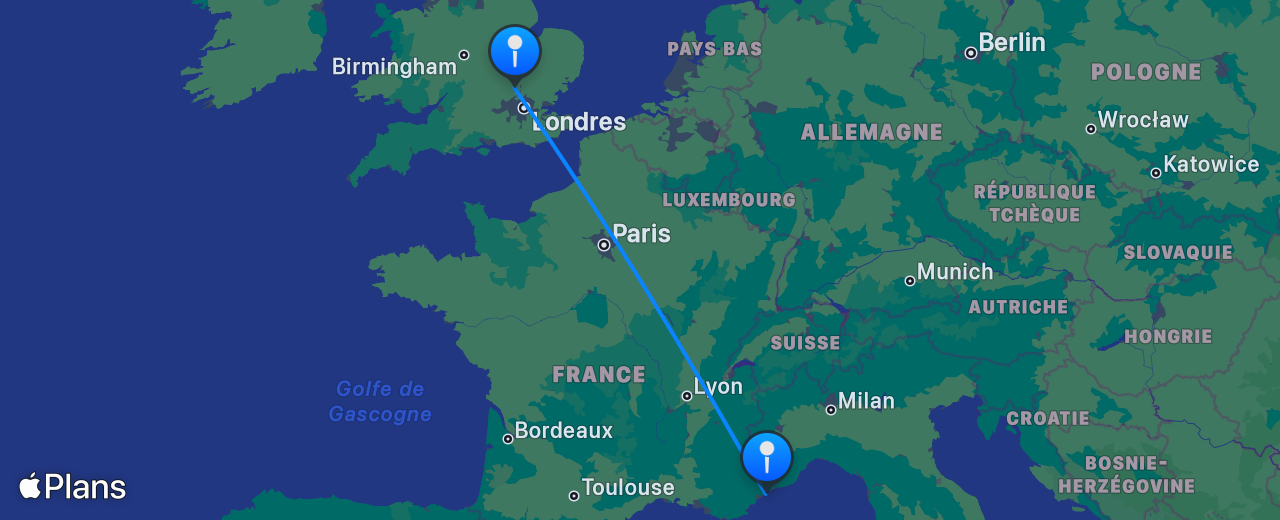 Carte du vol de Nice vers Londres