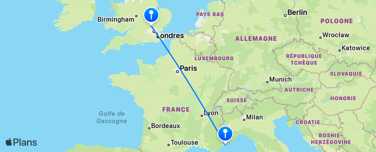 Carte du vol de Nice vers Londres