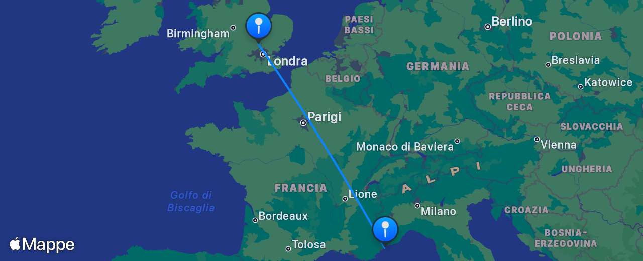 Mappa del volo da Londra a Nizza