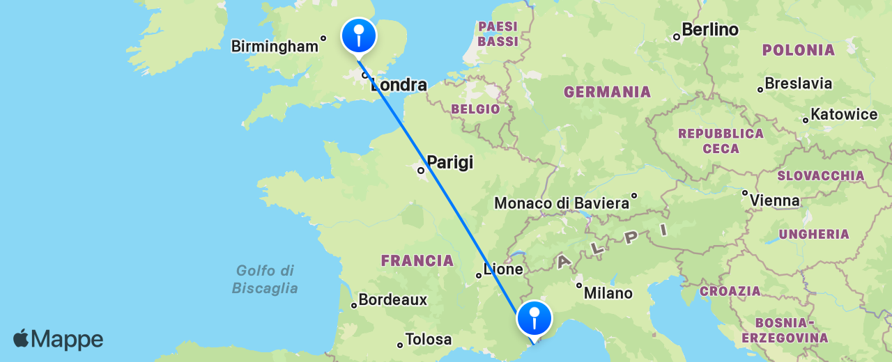 Mappa del volo da Londra a Nizza