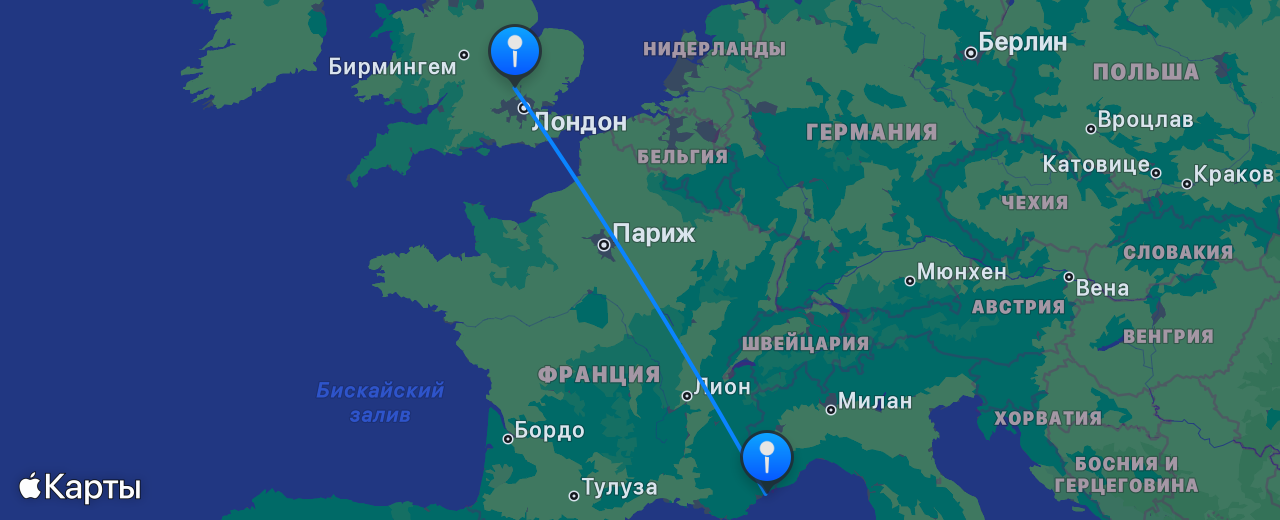 Карта перелёта Лондон — Ницца
