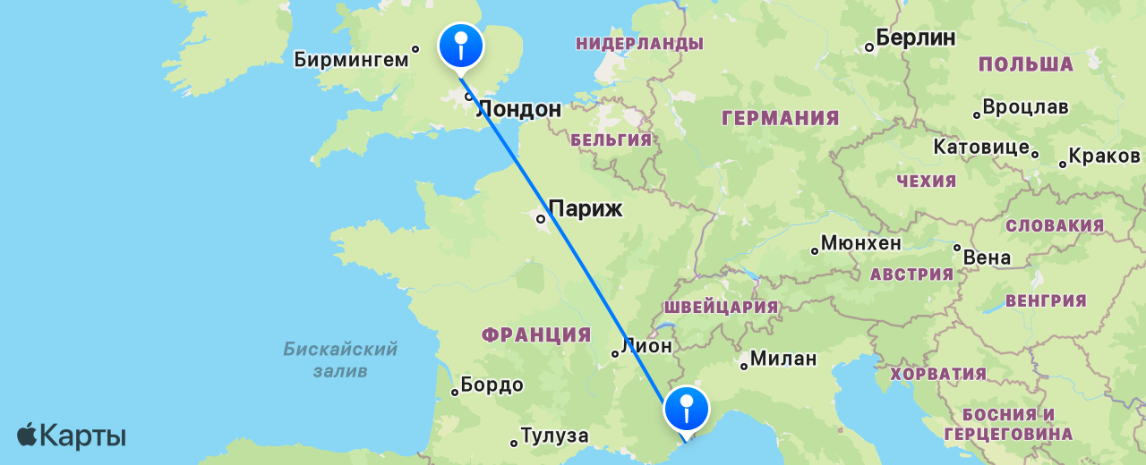 Карта перелёта Лондон — Ницца