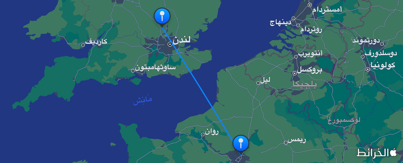 خريطة الرحلة من لندن إلى باريس
