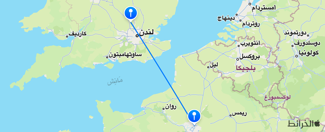 خريطة الرحلة من لندن إلى باريس