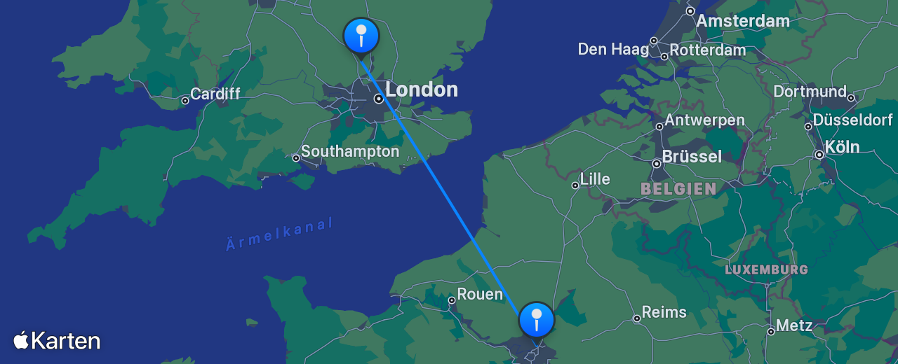 Karte des Flugs von London nach Paris
