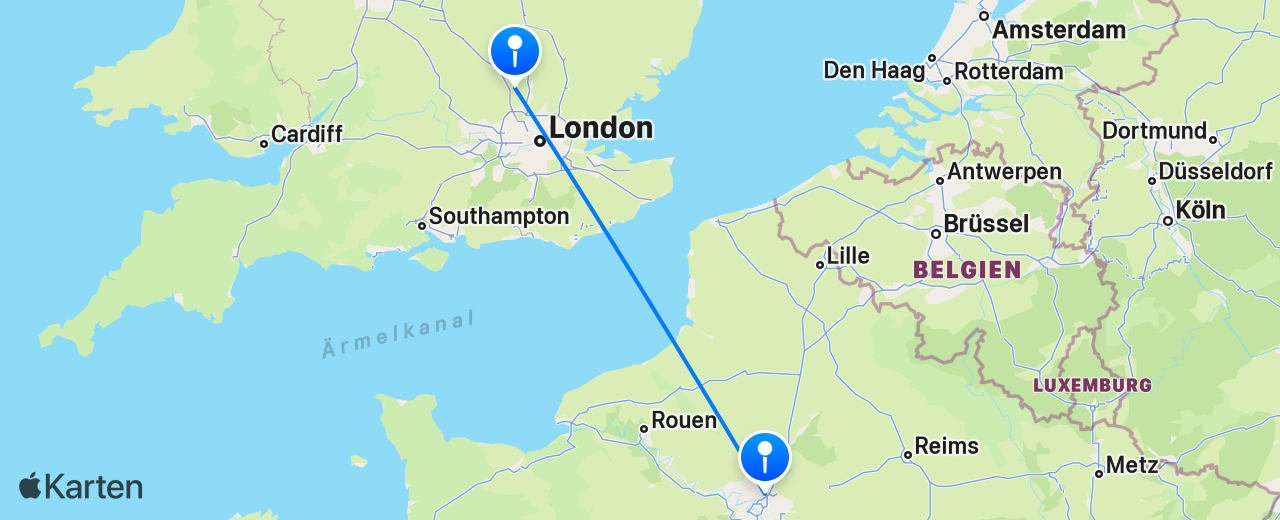Karte des Flugs von London nach Paris