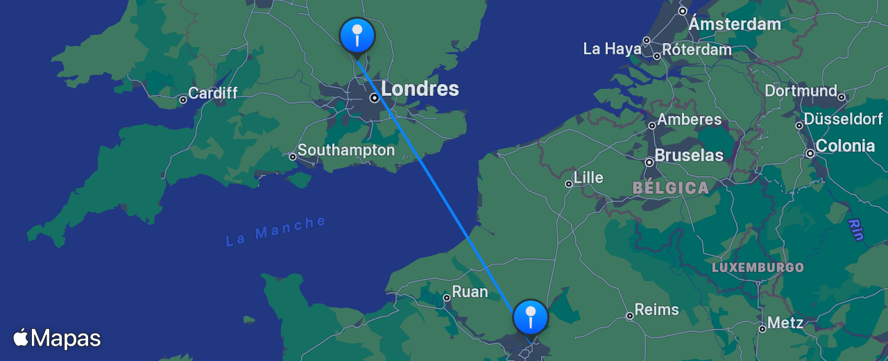 Mapa del vuelo de Londres a París