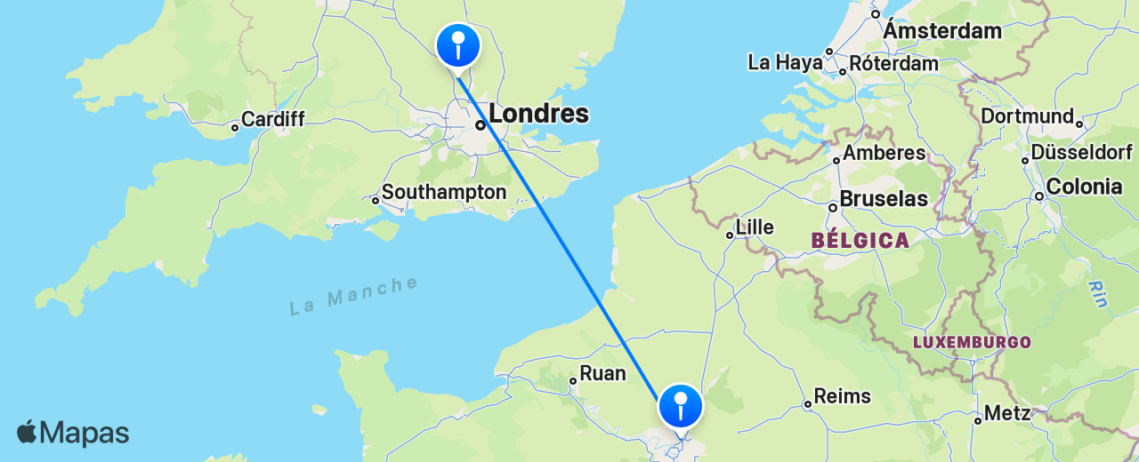 Mapa del vuelo de Londres a París