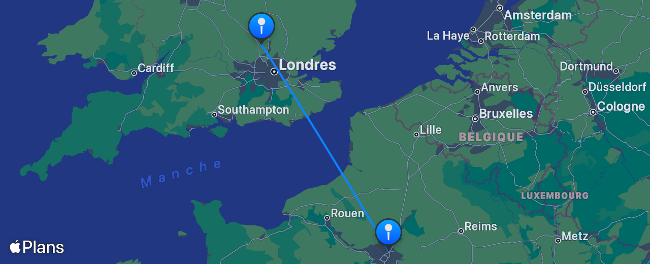 Carte du vol de Londres vers Paris
