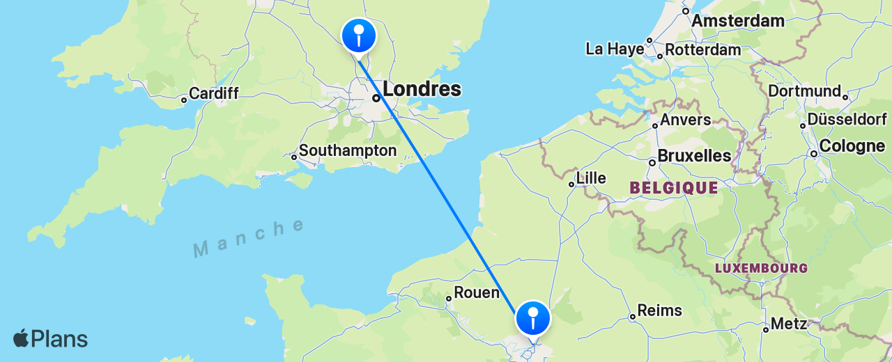 Carte du vol de Londres vers Paris