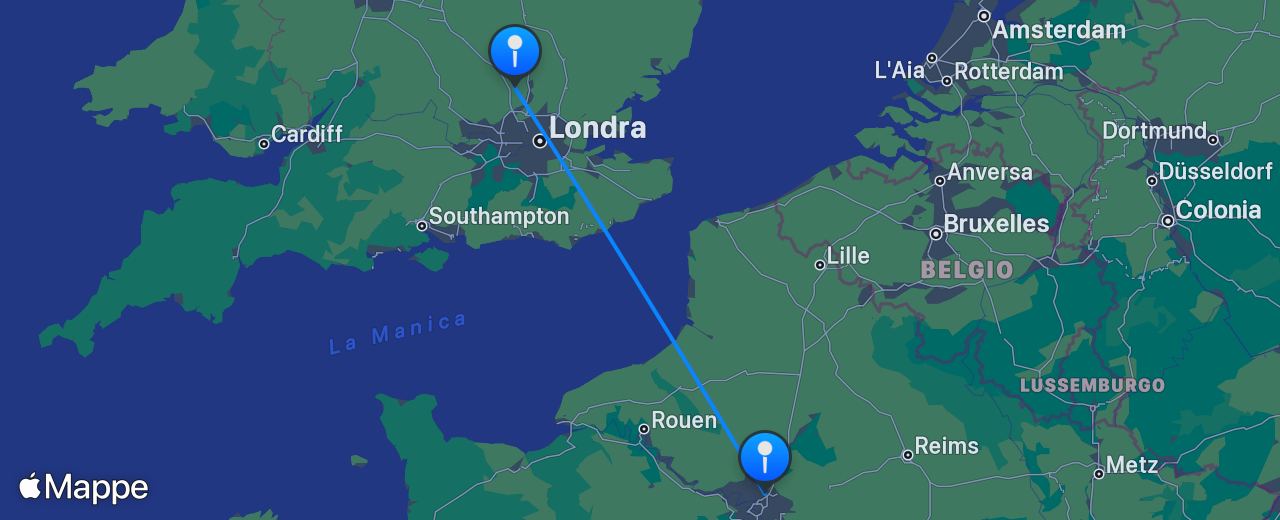 Mappa del volo da Parigi a Londra
