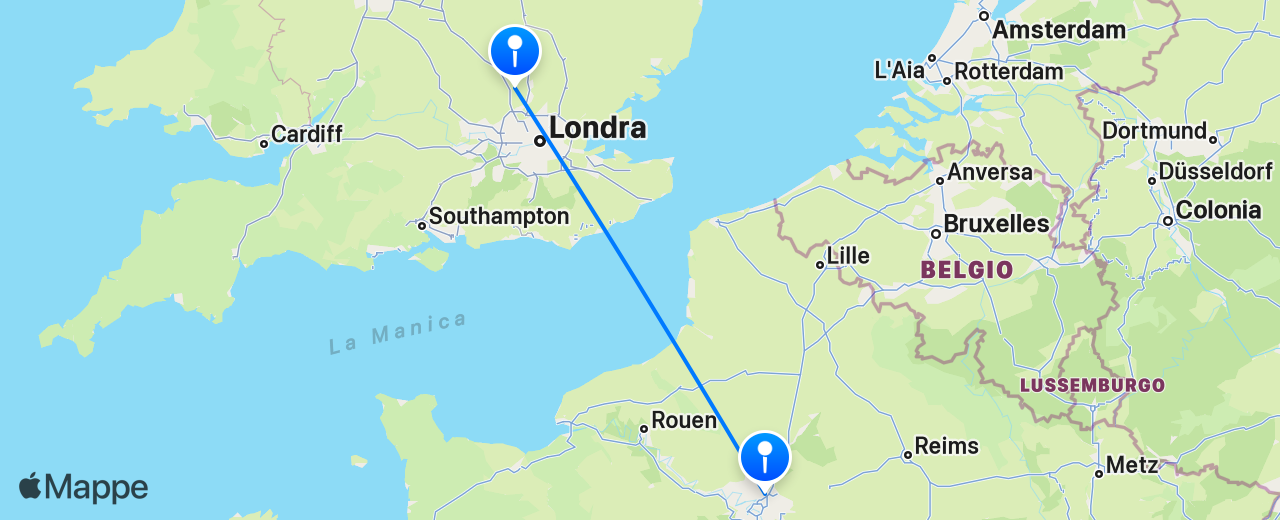Mappa del volo da Parigi a Londra