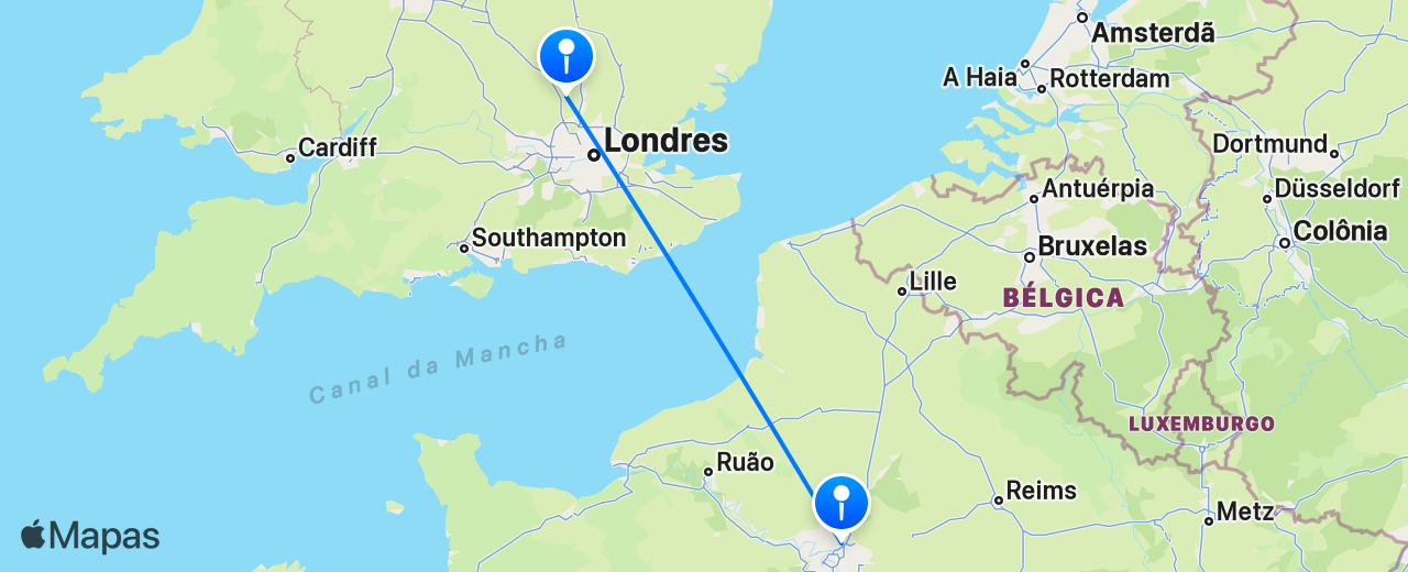 Mapa do voo de Paris para Londres