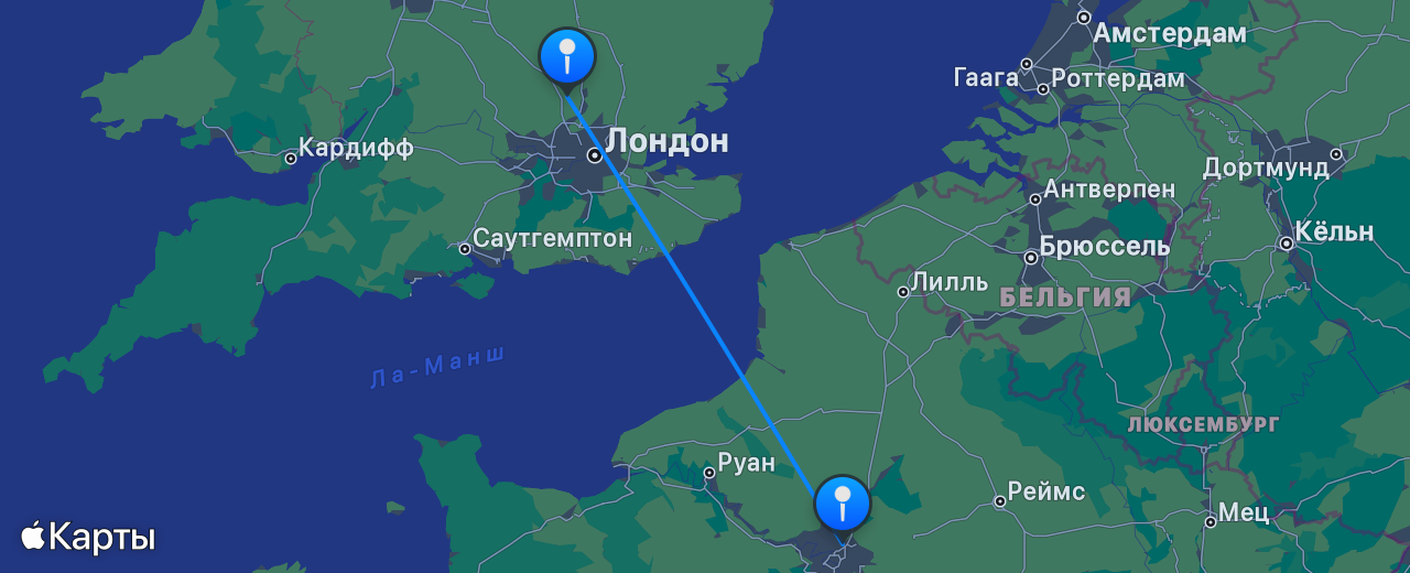 Карта перелёта Лондон — Париж