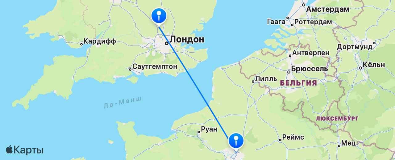 Карта перелёта Лондон — Париж