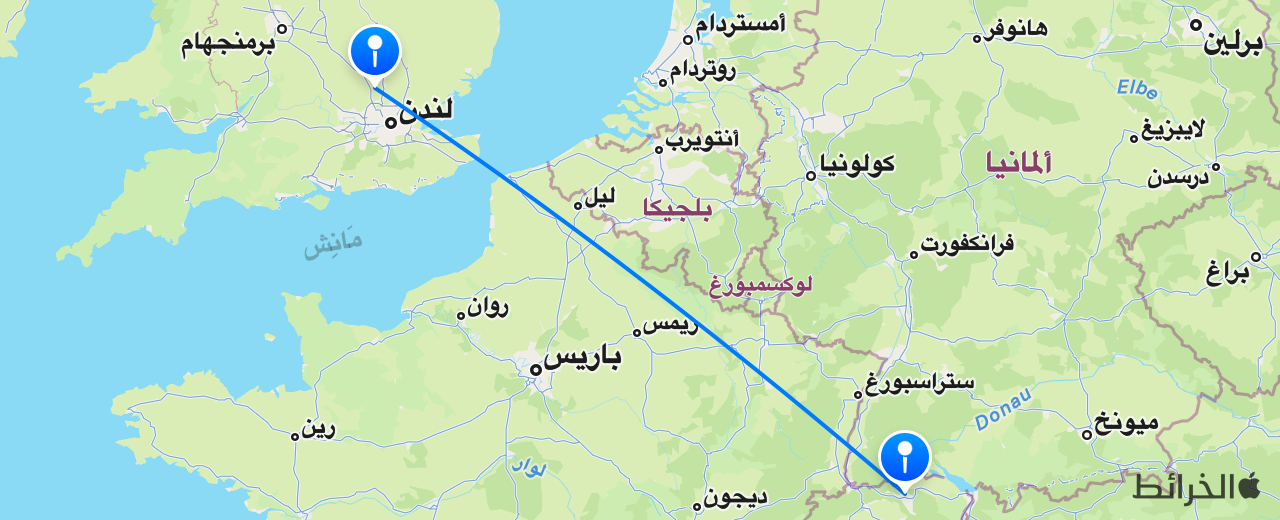 خريطة الرحلة من لندن إلى زيورخ