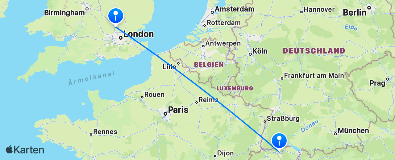 Karte des Flugs von Zürich nach London
