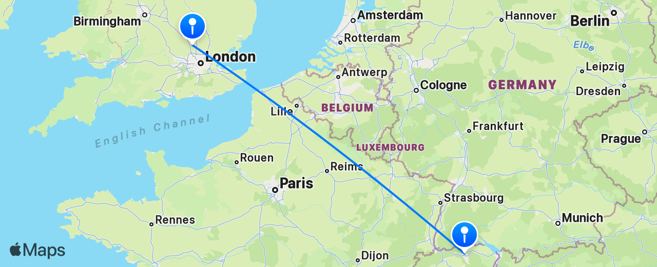 Map of the flight from London to Zurich