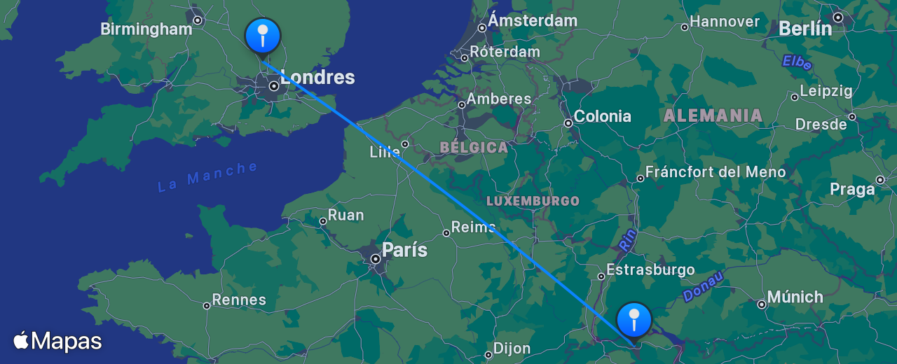 Mapa del vuelo de Londres a Zúrich